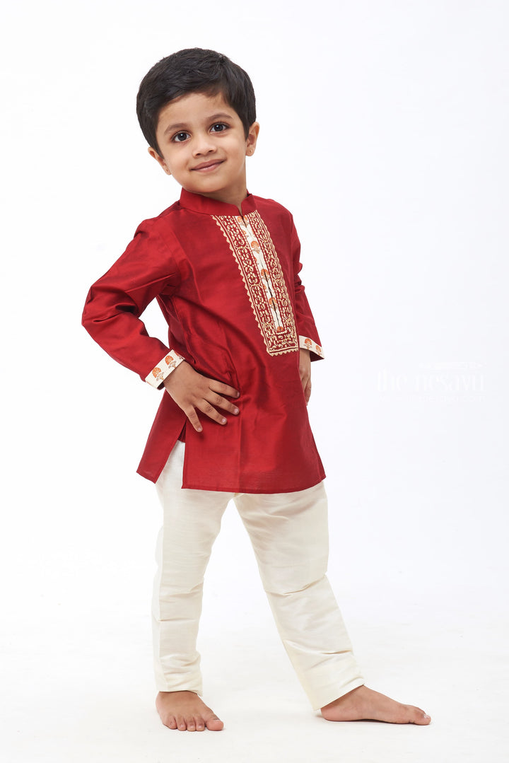 The Nesavu Boys Kurtha Set Regal Ruby: Boys Deep Maroon Kurta with Intricate Ivory Accents and Off-White Bottom Set Nesavu Festive Fashion for Little Heroes | Boys Kurta with Pant New Collection | The Nesavu