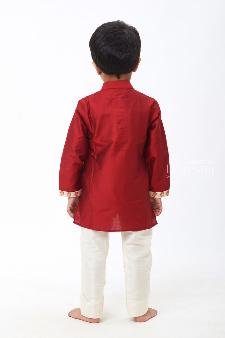 The Nesavu Boys Kurtha Set Regal Ruby: Boys Deep Maroon Kurta with Intricate Ivory Accents and Off-White Bottom Set Nesavu Festive Fashion for Little Heroes | Boys Kurta with Pant New Collection | The Nesavu