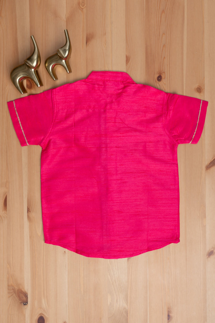 The Nesavu Boys Silk Shirt Regal Ruby Little Maharaja Boys Shirt With Flamingo Embroidery Nesavu "Banarasi Zari Jacquard Material in Boys' Shirts - The Nesavu's Mini Maharaja Collection"