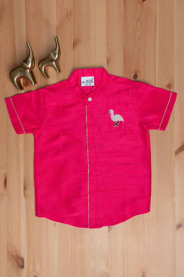 The Nesavu Boys Silk Shirt Regal Ruby Little Maharaja Boys Shirt With Flamingo Embroidery Nesavu "Banarasi Zari Jacquard Material in Boys' Shirts - The Nesavu's Mini Maharaja Collection"