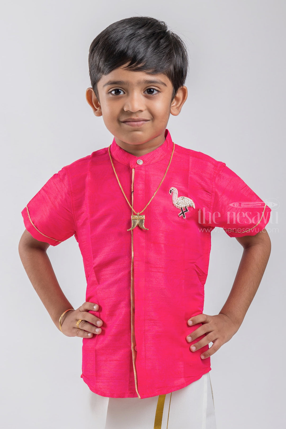 The Nesavu Boys Silk Shirt Regal Ruby Little Maharaja Boys Shirt With Flamingo Embroidery psr silks Nesavu 14 (6M) / Pink BS026C