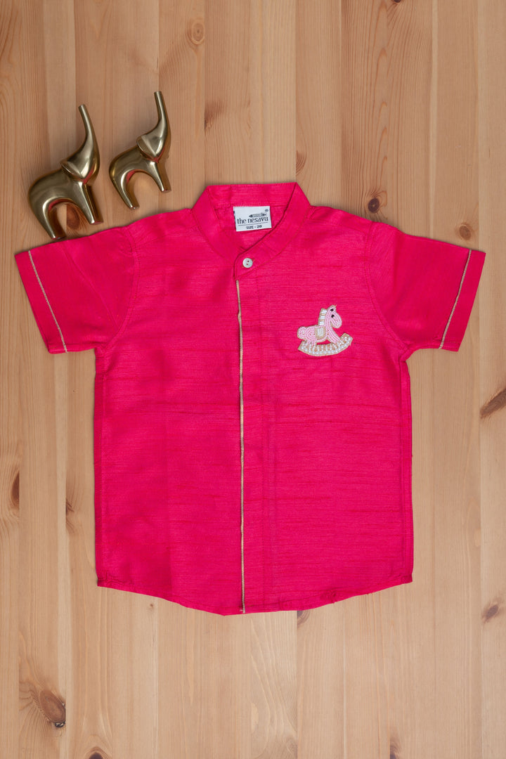 The Nesavu Boys Silk Shirt Regal Ruby Little Maharaja Boys Shirt With Unicorn Embroidery Nesavu "The Nesavu's Mini Maharaja Collection: Boys' Shirts Crafted for Comfort and Style"