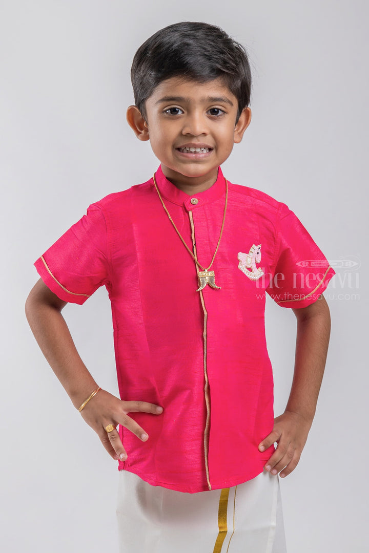 The Nesavu Boys Silk Shirt Regal Ruby Little Maharaja Boys Shirt With Unicorn Embroidery psr silks Nesavu 14 (6M) / Pink BS026B