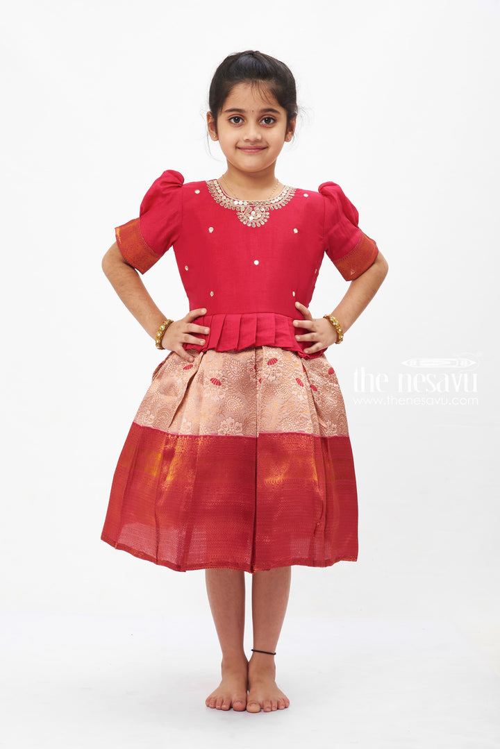 The Nesavu Silk Party Frock Regal Ruby Silk Frock with Embellished Golden Border for Girls Nesavu 16 (1Y) / Red SF730A-16 Ruby Red Silk Frock for Girls with Golden Embroidery | Luxurious Festive Wear | The Nesavu