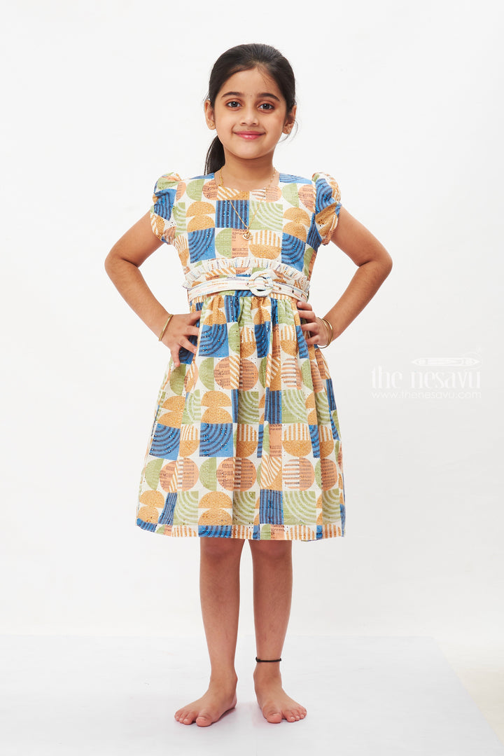 The Nesavu Girls Cotton Frock Retro Chic Girls Geometric Cotton Dress - A Summer Wardrobe Essential Nesavu 22 (4Y) / Green / Cotton GFC1281A-22 Discover Girls Geometric Print Summer Dresses | Casual Elegance | The Nesavu