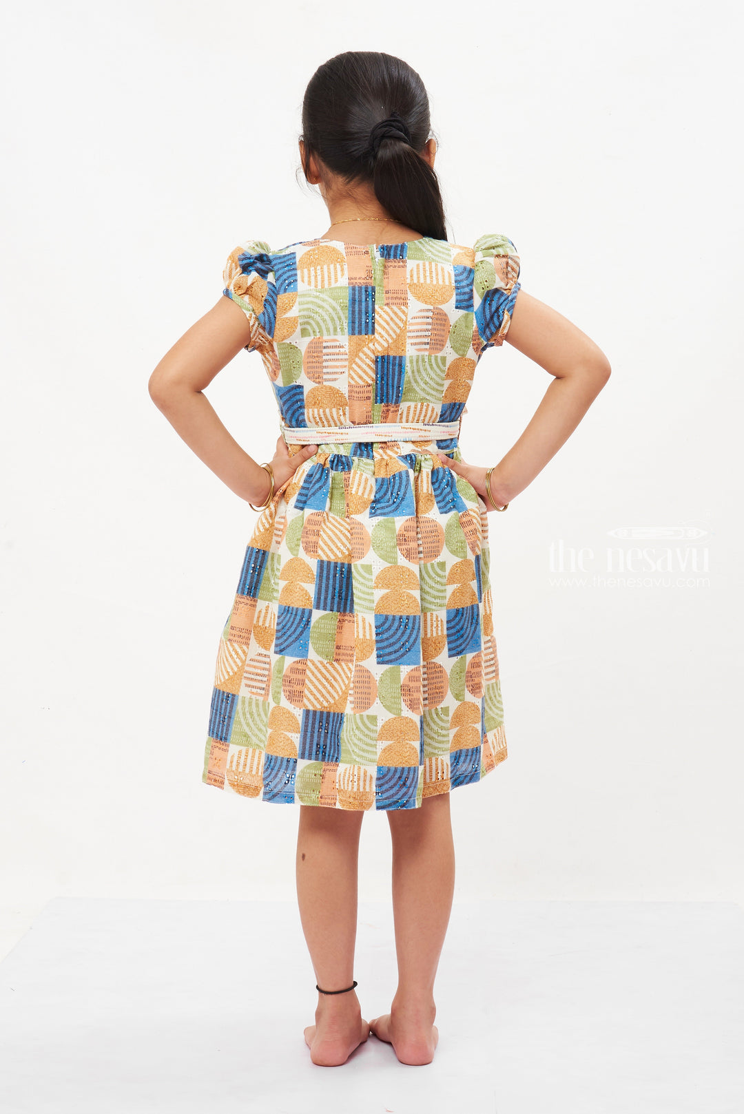 The Nesavu Girls Cotton Frock Retro Chic Girls Geometric Cotton Dress - A Summer Wardrobe Essential Nesavu Discover Girls Geometric Print Summer Dresses | Casual Elegance | The Nesavu