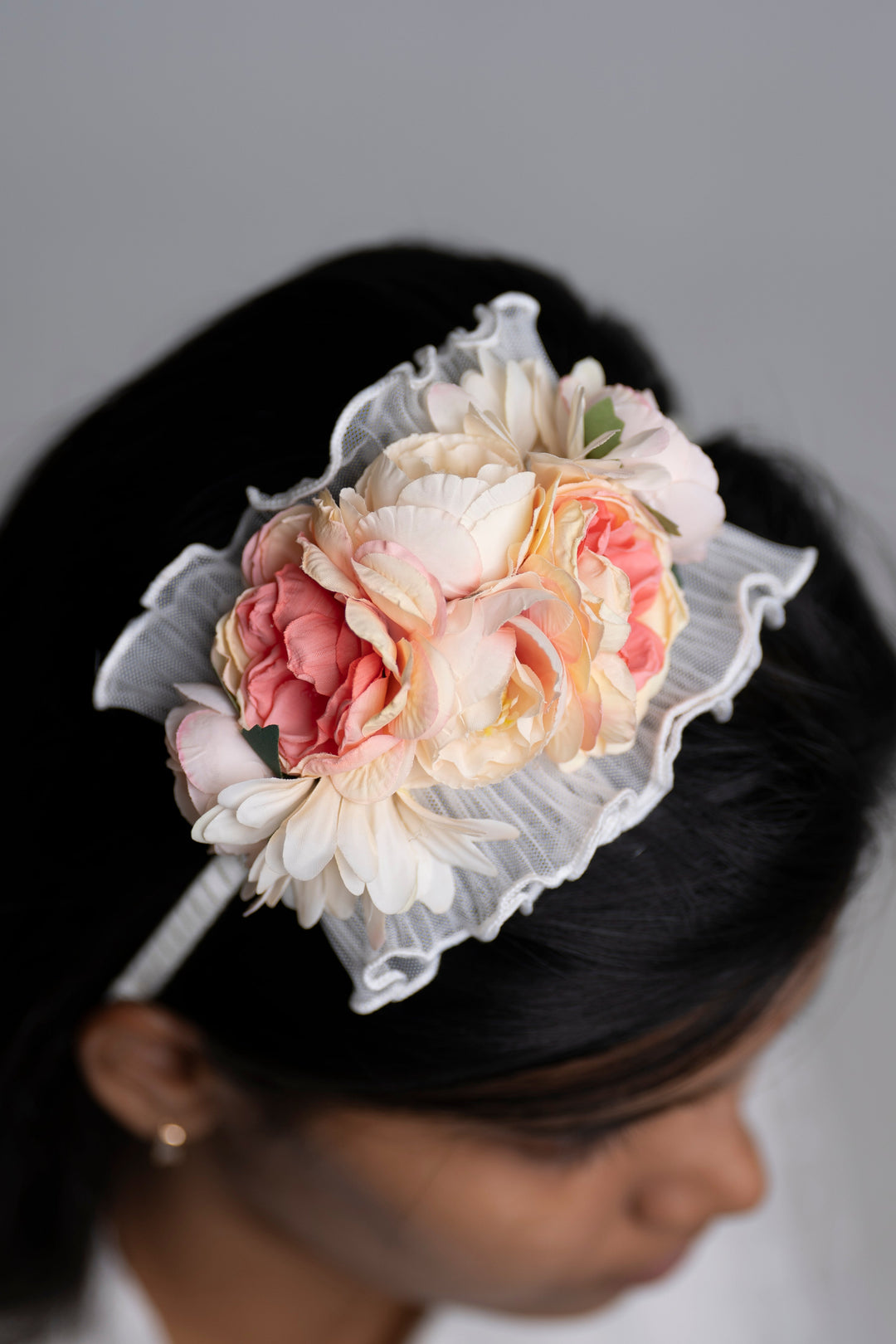 The Nesavu Hair Band Romantic Blush Floral Hairpiece with Lace Detail Nesavu Pink JHB81B Blush Rose and Peony Floral Hairpiece with Lace | Elegant Wedding Accessory | The Nesavu