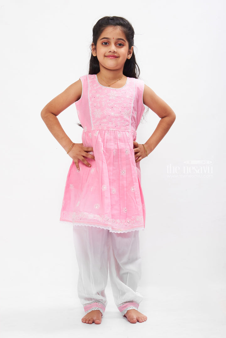 The Nesavu Girls Sharara / Plazo Set Rose Blush Embroidered Kurti with Elegant White Patiala Pant for Girls Nesavu 16 (1Y) / Pink GPS261B-16 Embroidered Girls Kurti Set | Traditional White Patiala Ensemble for Kids | The Nesavu