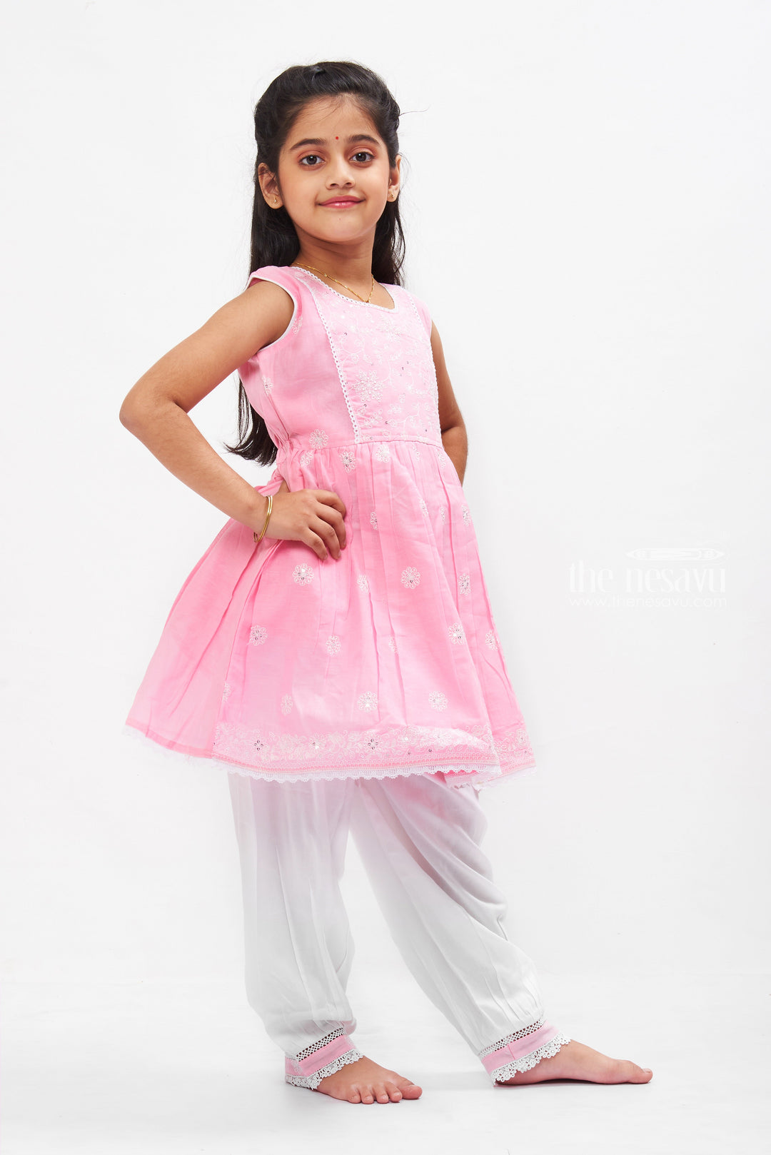 The Nesavu Girls Sharara / Plazo Set Rose Blush Embroidered Kurti with Elegant White Patiala Pant for Girls Nesavu Embroidered Girls Kurti Set | Traditional White Patiala Ensemble for Kids | The Nesavu