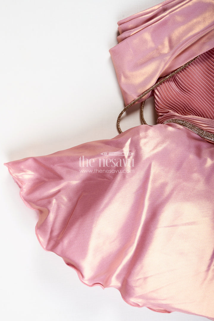 The Nesavu Girls Fancy Party Frock Rose Gold Party Frock for Girls Organza Dress with One-Shoulder Drape Nesavu Nesavu Rose Gold Party Frock Girls Organza Dress One-Shoulder Drape Shimmer Details
