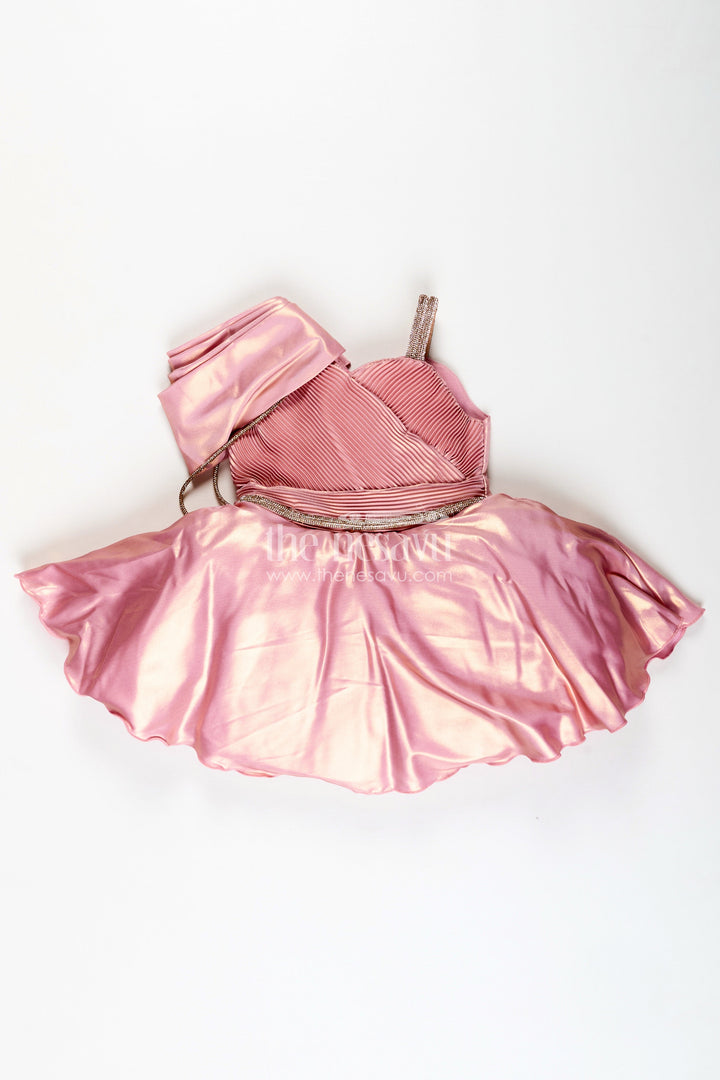 The Nesavu Girls Fancy Party Frock Rose Gold Party Frock For Girls Organza Dress With One-Shoulder Drape Nesavu Nesavu Rose Gold Party Frock Girls Organza Dress One-Shoulder Drape Shimmer Details