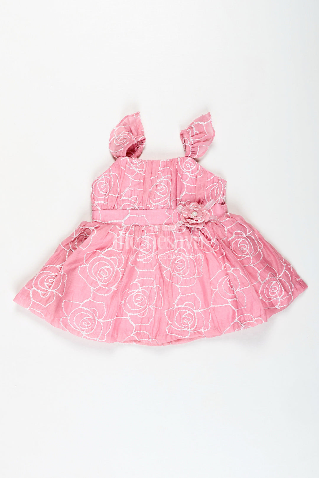 The Nesavu Baby Cotton Frocks Rose Pink Baby Girl Cotton Frock with Embroidery & Floral Details Nesavu 14 (6M) / Pink BFJ786B-14 Nesavu Embroidered Cotton Frock Baby Girls Rose Pink Party Dress Floral Detailing