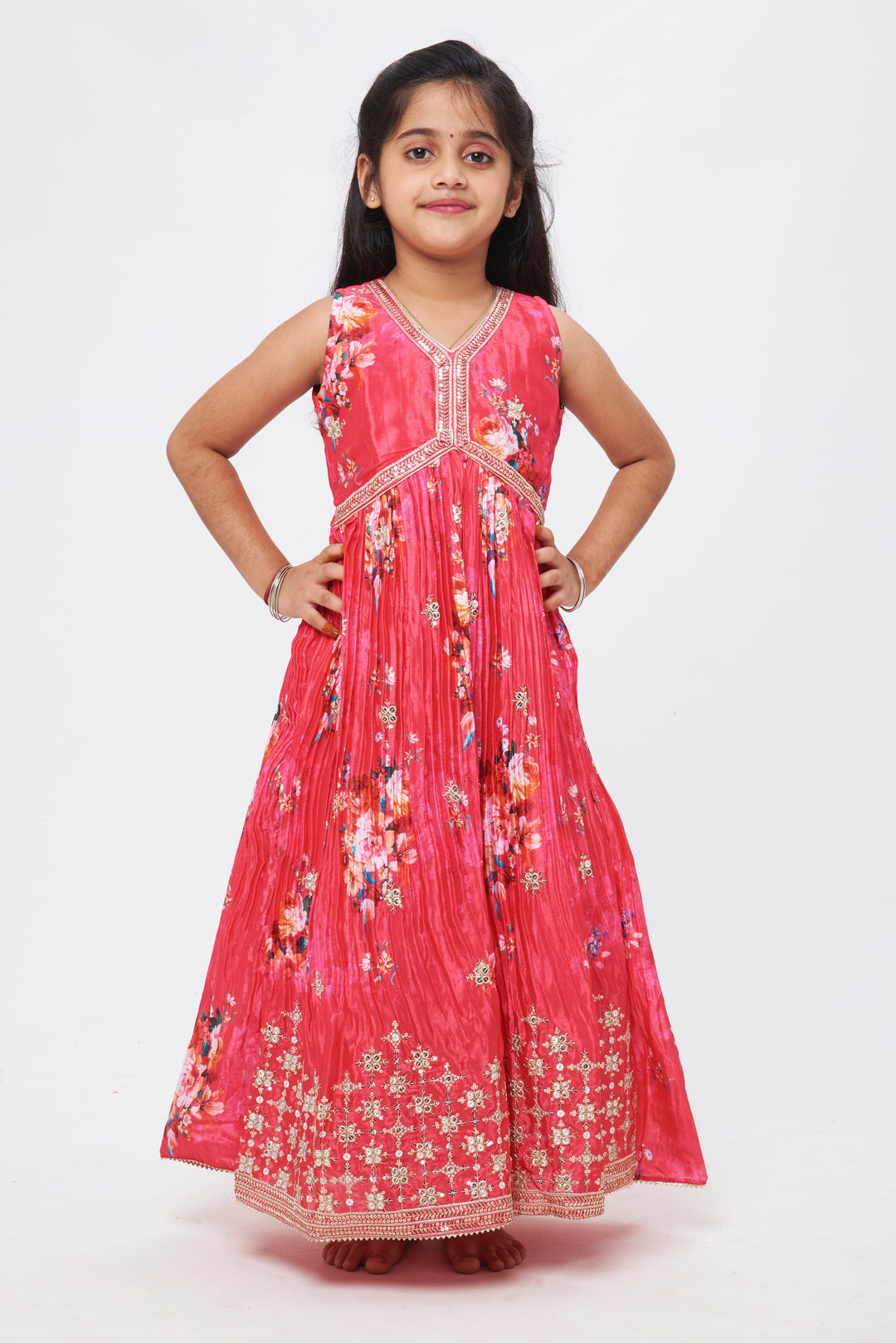 The Nesavu Girls Party Gown Rose Radiance: Elegant Floral Georgette Anarkali Gown Nesavu 22 (4Y) / Pink / Chinnon GA160A-22 Elegant Rose Floral Georgette Gown - Premium Festive Wear | The Nesavu