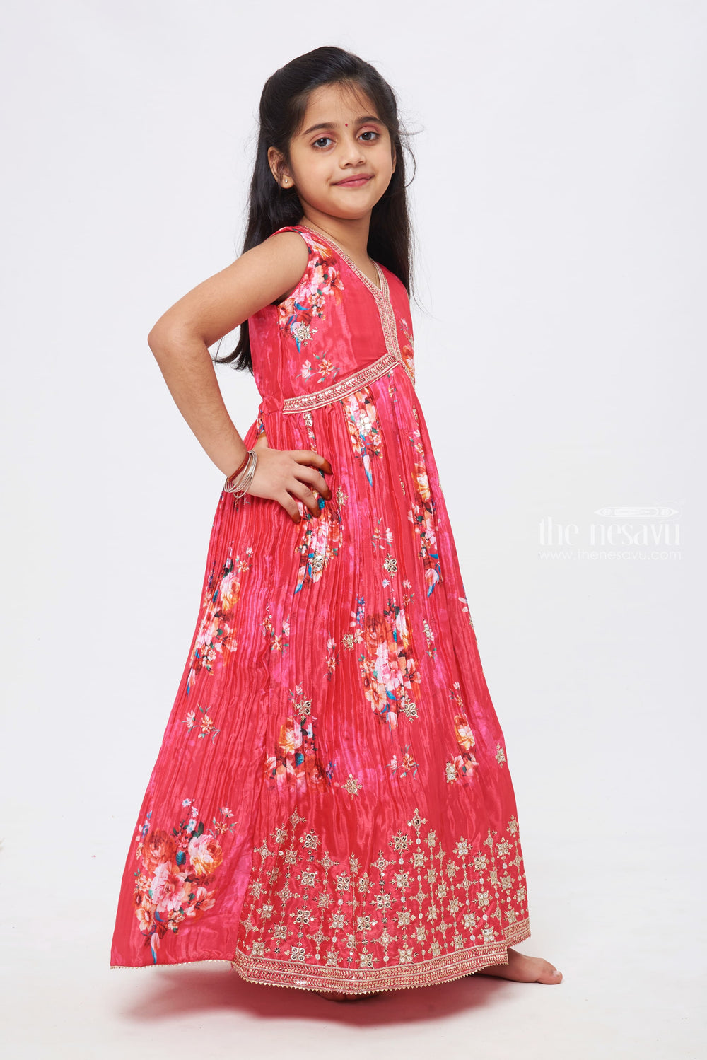 The Nesavu Girls Party Gown Rose Radiance: Elegant Floral Georgette Anarkali Gown Nesavu Elegant Rose Floral Georgette Gown - Premium Festive Wear | The Nesavu