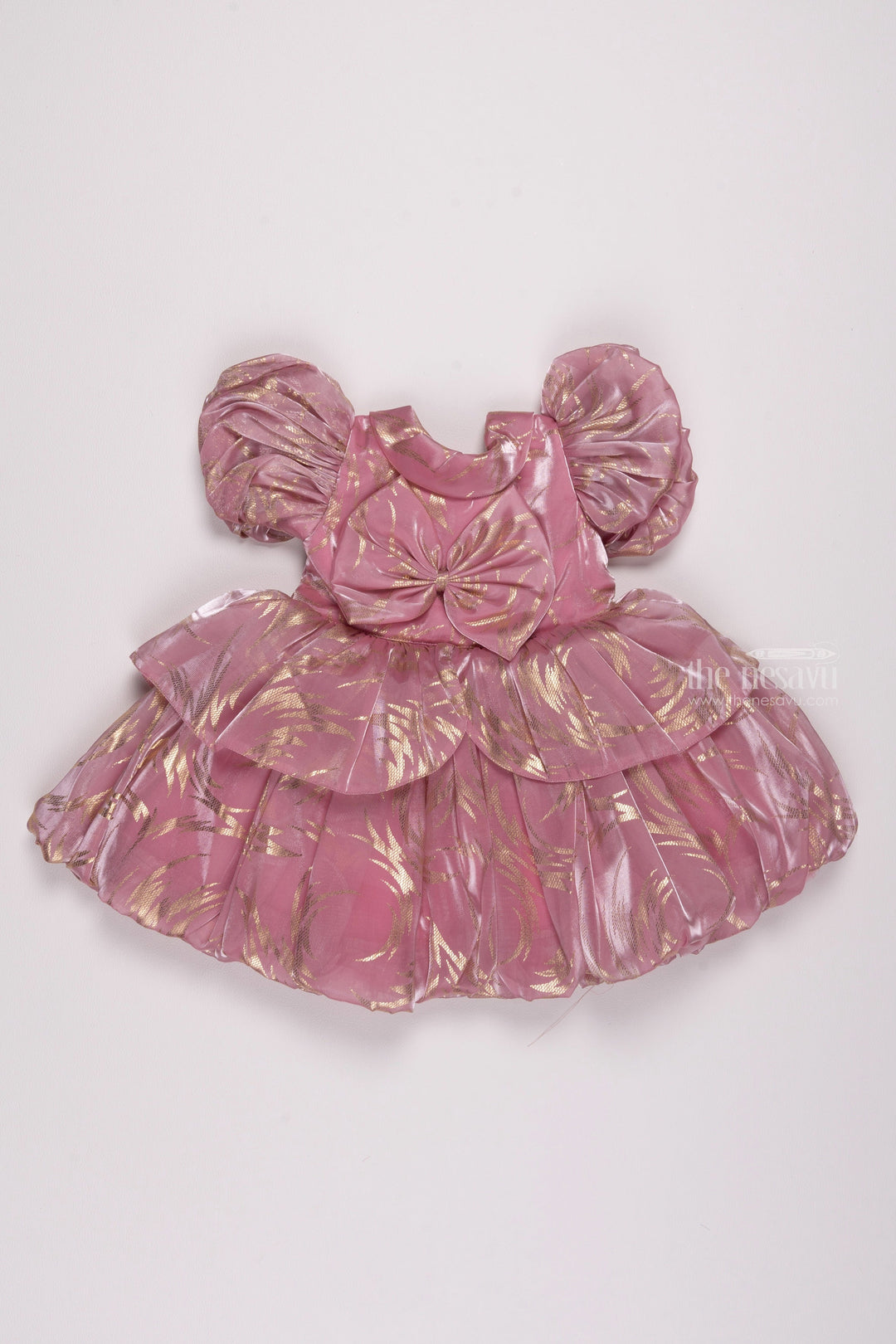 The Nesavu Girls Fancy Party Frock Rose Radiance: Girls Organza Party Frock with Lustrous Foil Print & Bow Detail Nesavu 12 (3M) / Pink / Organza PF140B-12 Mermaid Birthday Outfits: Trendy & Stylish Baby Girl Frocks | The Nesavu