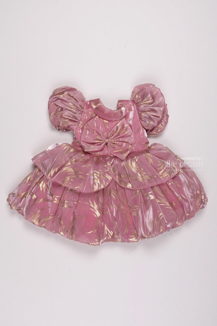The Nesavu Girls Fancy Party Frock Rose Radiance: Girls Organza Party Frock with Lustrous Foil Print & Bow Detail Nesavu 12 (3M) / Pink / Organza PF140B-12 Mermaid Birthday Outfits: Trendy & Stylish Baby Girl Frocks | The Nesavu