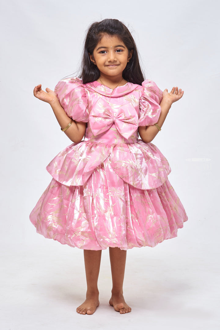 The Nesavu Girls Fancy Party Frock Rose Radiance: Girls Organza Party Frock with Lustrous Foil Print & Bow Detail Nesavu 12 (3M) / Pink / Organza PF140B-12 Mermaid Birthday Outfits: Trendy & Stylish Baby Girl Frocks | The Nesavu