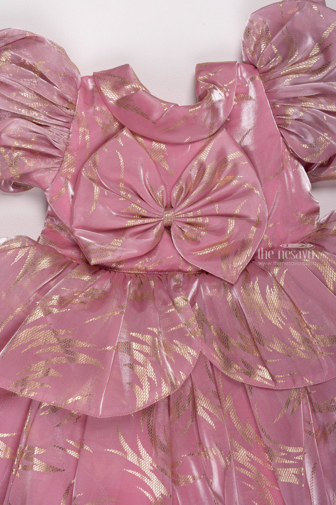 The Nesavu Girls Fancy Party Frock Rose Radiance: Girls Organza Party Frock with Lustrous Foil Print & Bow Detail Nesavu Mermaid Birthday Outfits: Trendy & Stylish Baby Girl Frocks | The Nesavu