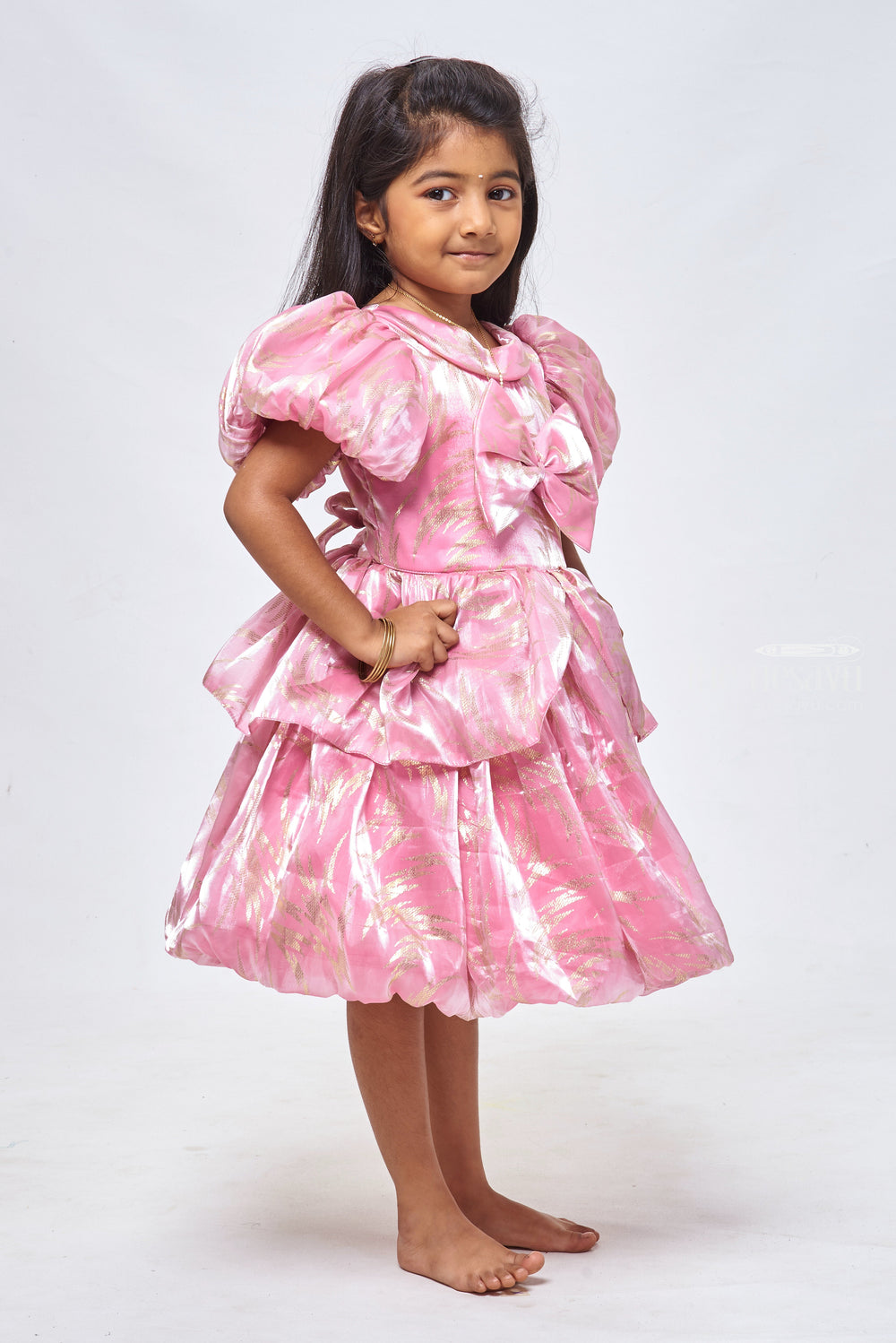 The Nesavu Girls Fancy Party Frock Rose Radiance: Girls Organza Party Frock with Lustrous Foil Print & Bow Detail Nesavu Mermaid Birthday Outfits: Trendy & Stylish Baby Girl Frocks | The Nesavu