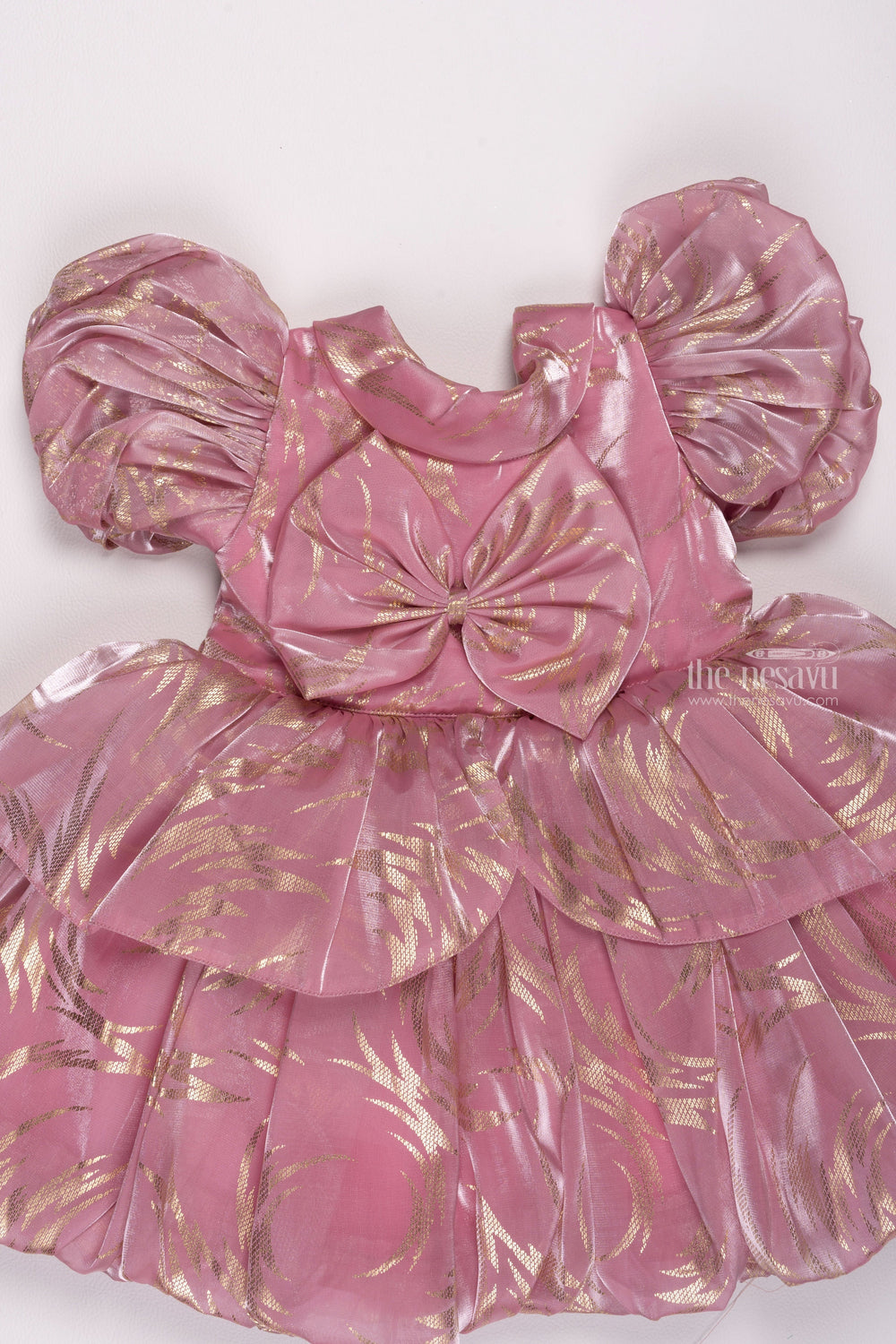 The Nesavu Girls Fancy Party Frock Rose Radiance: Girls Organza Party Frock with Lustrous Foil Print & Bow Detail Nesavu Mermaid Birthday Outfits: Trendy & Stylish Baby Girl Frocks | The Nesavu