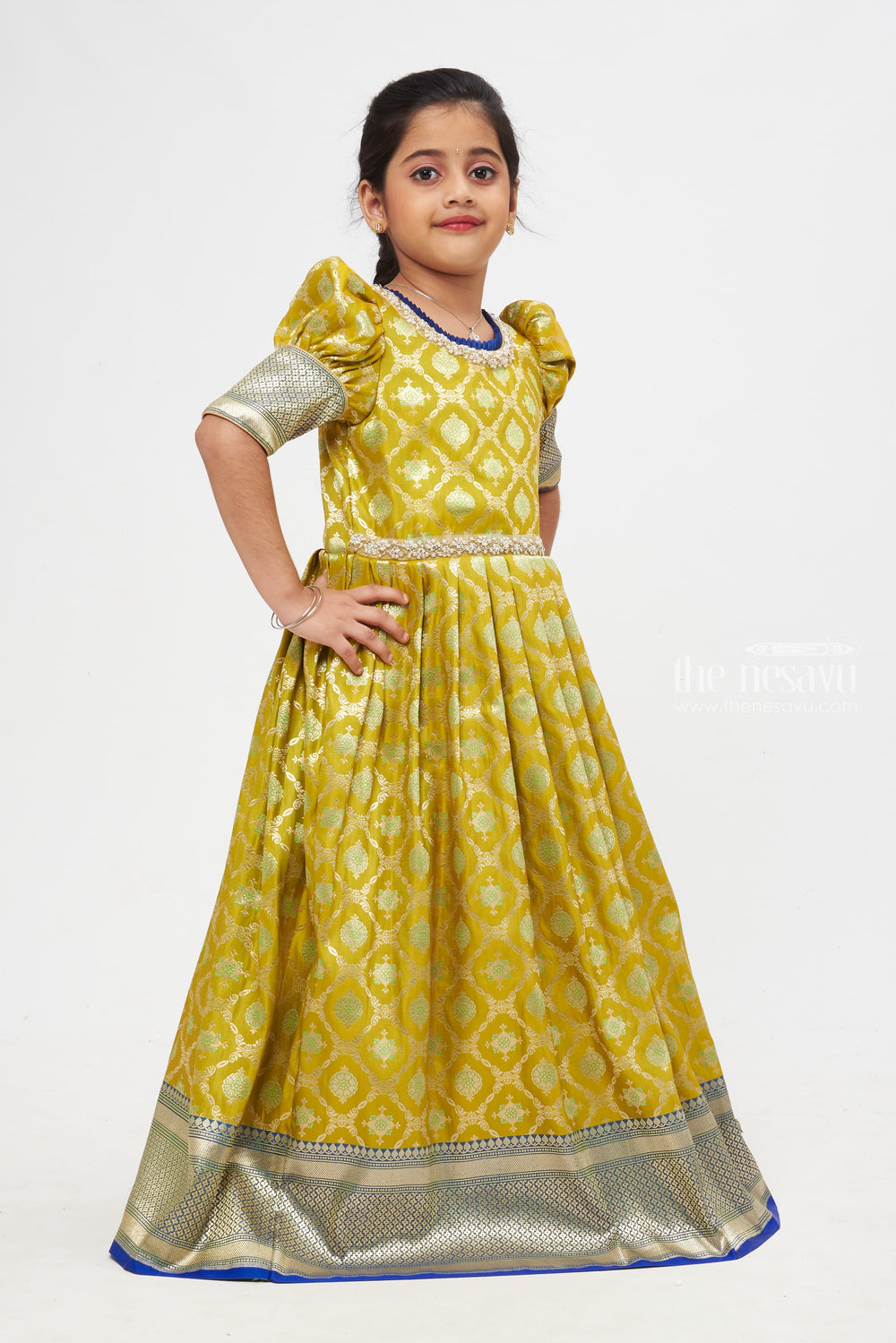 The Nesavu Silk Gown Rosy Border Elegance: Green & Pink Zari Floral Pleated Banarasi Silk Gown for Girls Nesavu Ethnic Anarkali Dresses Online Shopping | Trendy Anarkali Designs 2023 | The Nesavu