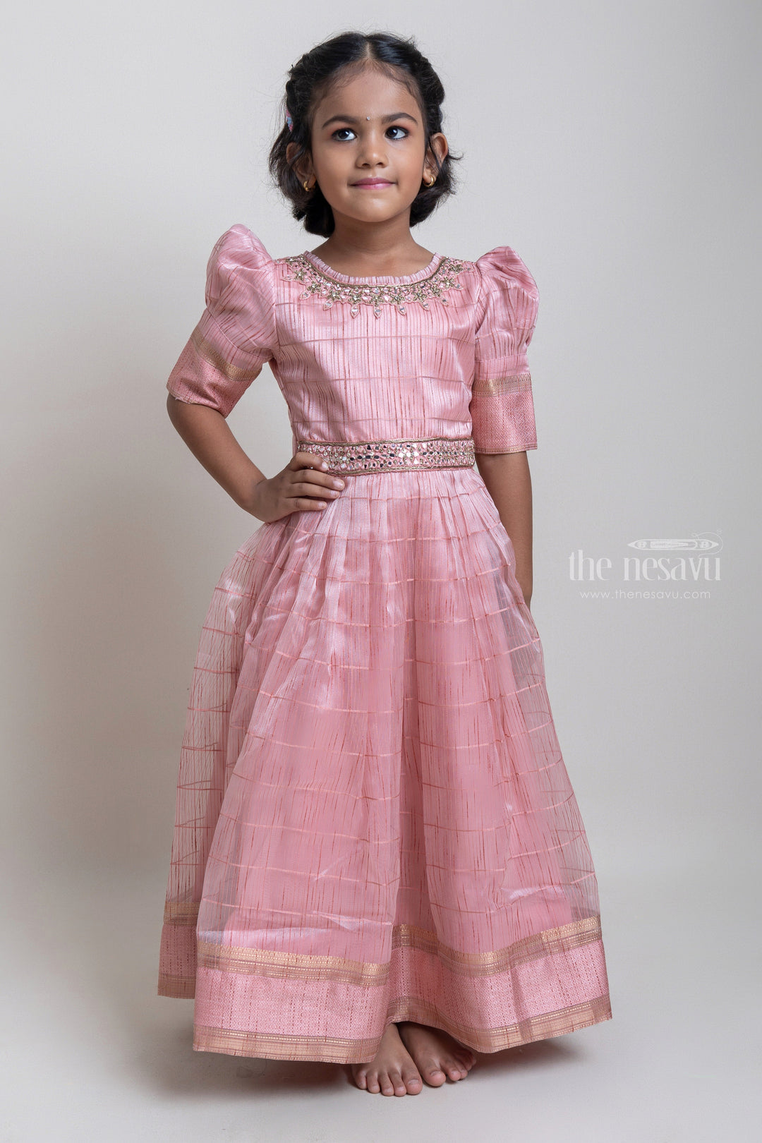 The Nesavu Party Gown Rosy Brown Full Length Silk Cotton Designer Anarkali Dresses For Baby Girls Nesavu 18 (2Y) / Pink / Organza GA113A Top 15 Designer Organza Silk Anarkali For Girls | Smart Ethnic Ideas | The Nesavu