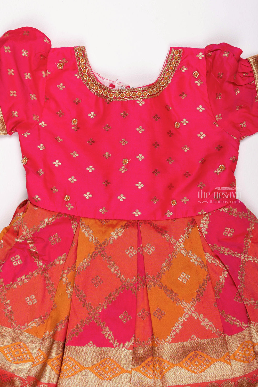 The Nesavu Silk Embroidered Frock Rosy Charm Radiance: Butta-Inspired Box-Pleated Silk Dress Highlighted with Zari Touches Nesavu Exclusive Designer Dresses Online | Traditional & Unique Silk Frock Designs | The Nesavu