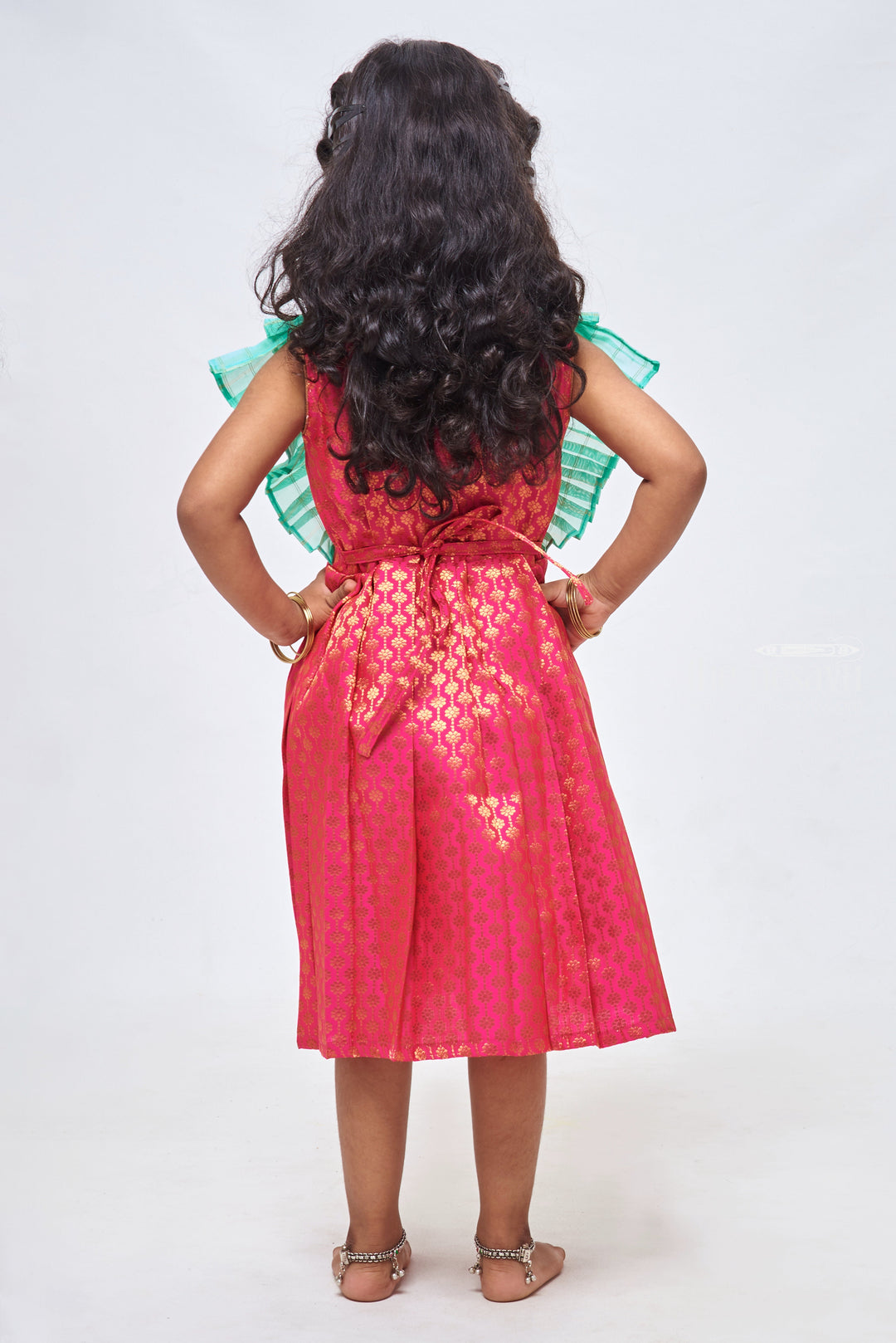 The Nesavu Silk Frock Rosy Pink Pleats & Layered Green Elegance: Sleeveless Brocade Delight for the Petite Trendsetter Nesavu Traditional Frock Designs | Trending Silk Frock Design | The Nesavu