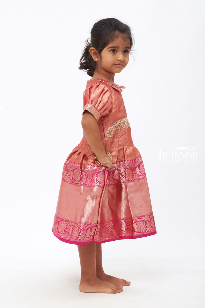 The Nesavu Silk Frock Rosy Radiance Rhapsody: Stone & Bead Embellished Silk Frock for Girls Nesavu Handmade Traditional Silk Frock | Kids' Elegant Ceremonial Dress | The Nesavu