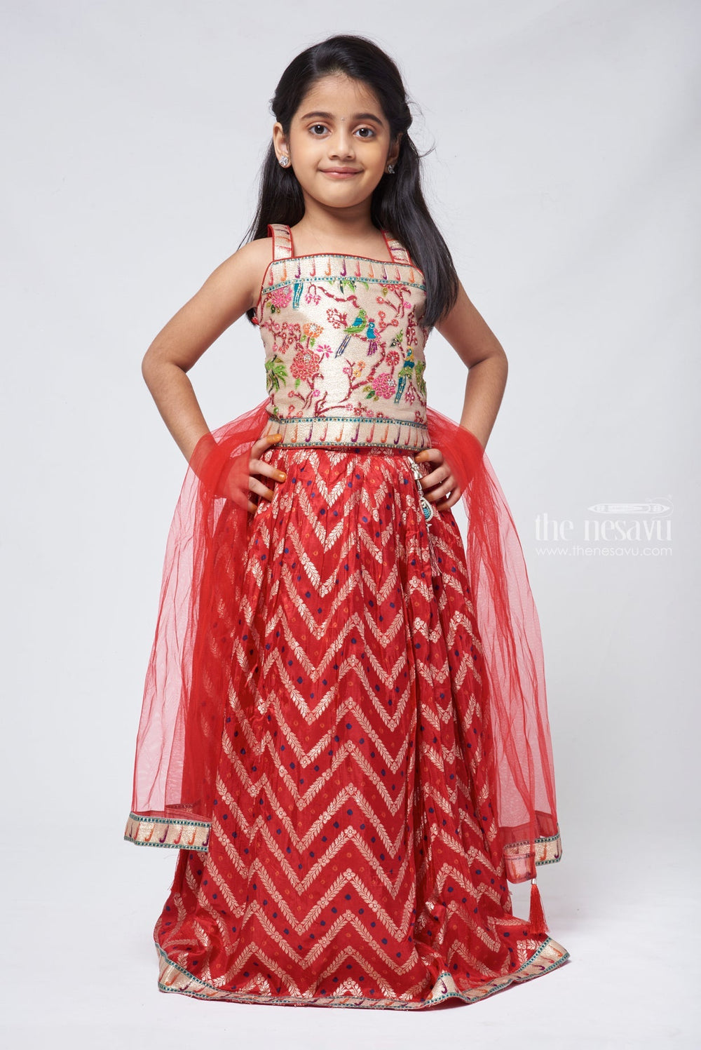 The Nesavu Lehenga & Ghagra Rosy Radiance Zari-Floral Designer Lehanga Top & Red Ghagra for Girls Nesavu 16 (1Y) / Red / Silk Blend GL357A-16 Elegant Design Lehanga Set Online | Trendy Wear | The Nesavu