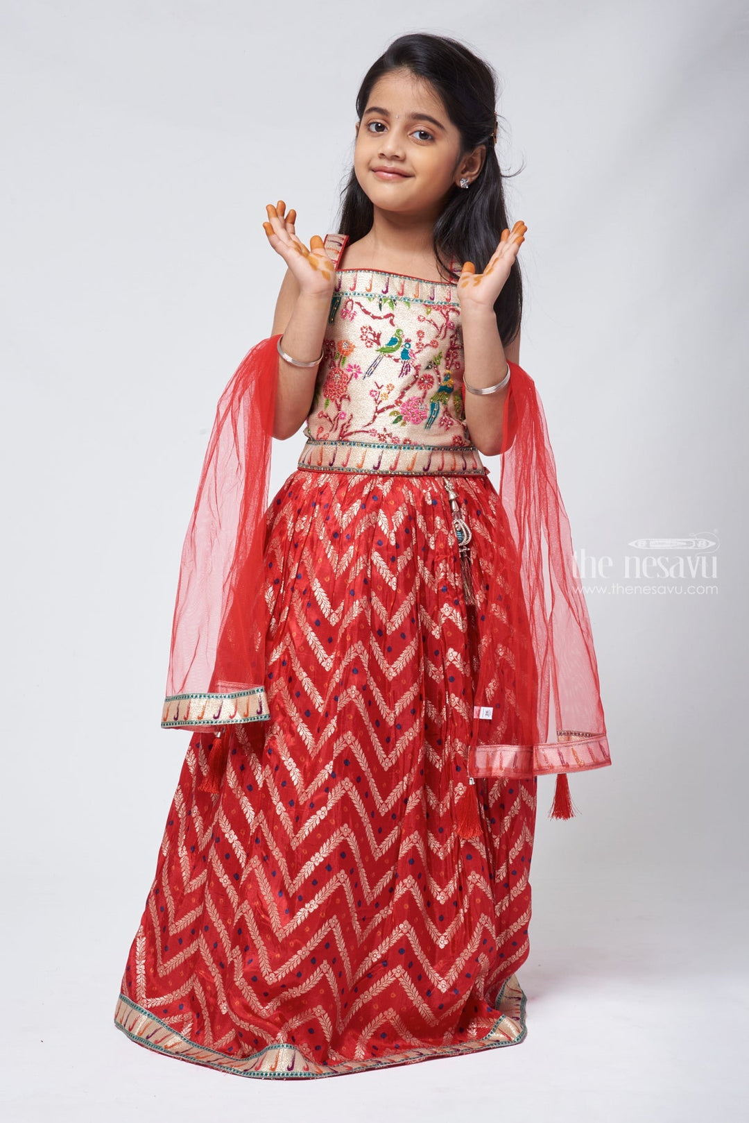 The Nesavu Lehenga & Ghagra Rosy Radiance Zari-Floral Designer Lehanga Top & Red Ghagra for Girls Nesavu Elegant Design Lehanga Set Online | Trendy Wear | The Nesavu