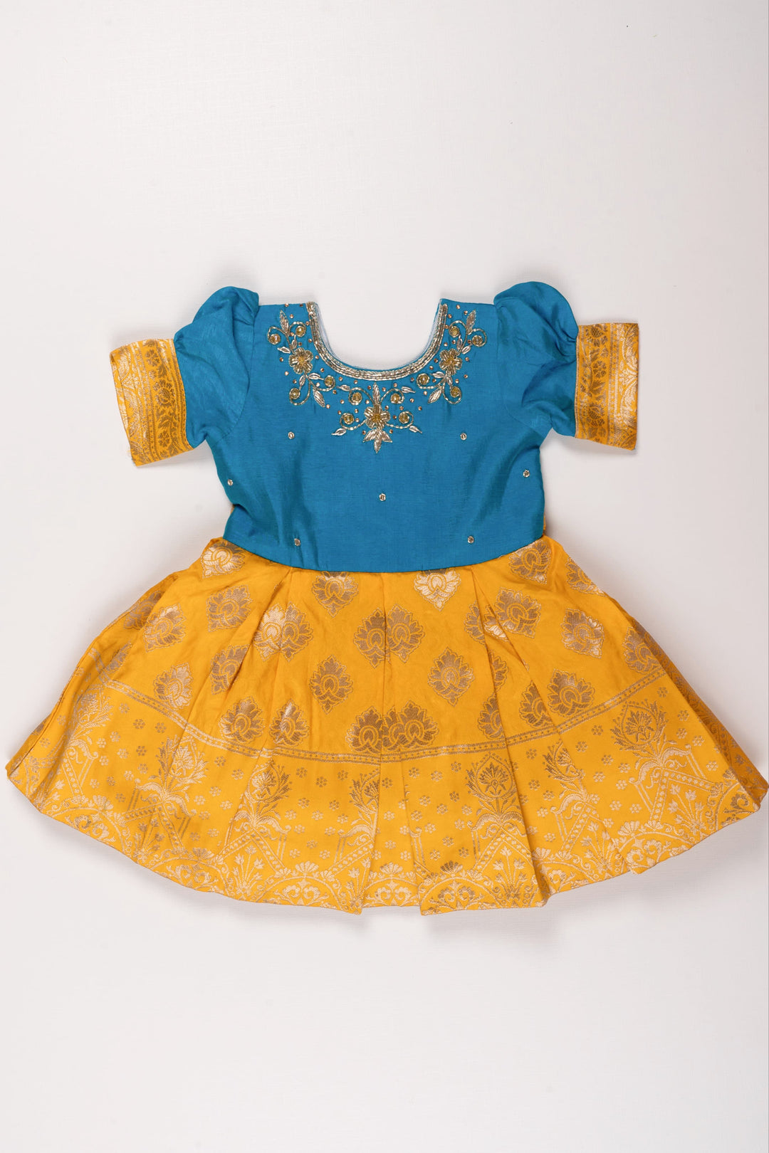 The Nesavu Silk Party Frock Royal Blue and Golden Yellow Zari Embroidered Silk Frock - Festive Elegance for Girls Nesavu 16 (1Y) / Yellow / Silk SF741A-16 Girls' Royal Blue & Golden Yellow Silk Frock | Zari Embroidered Festive Wear | The Nesavu