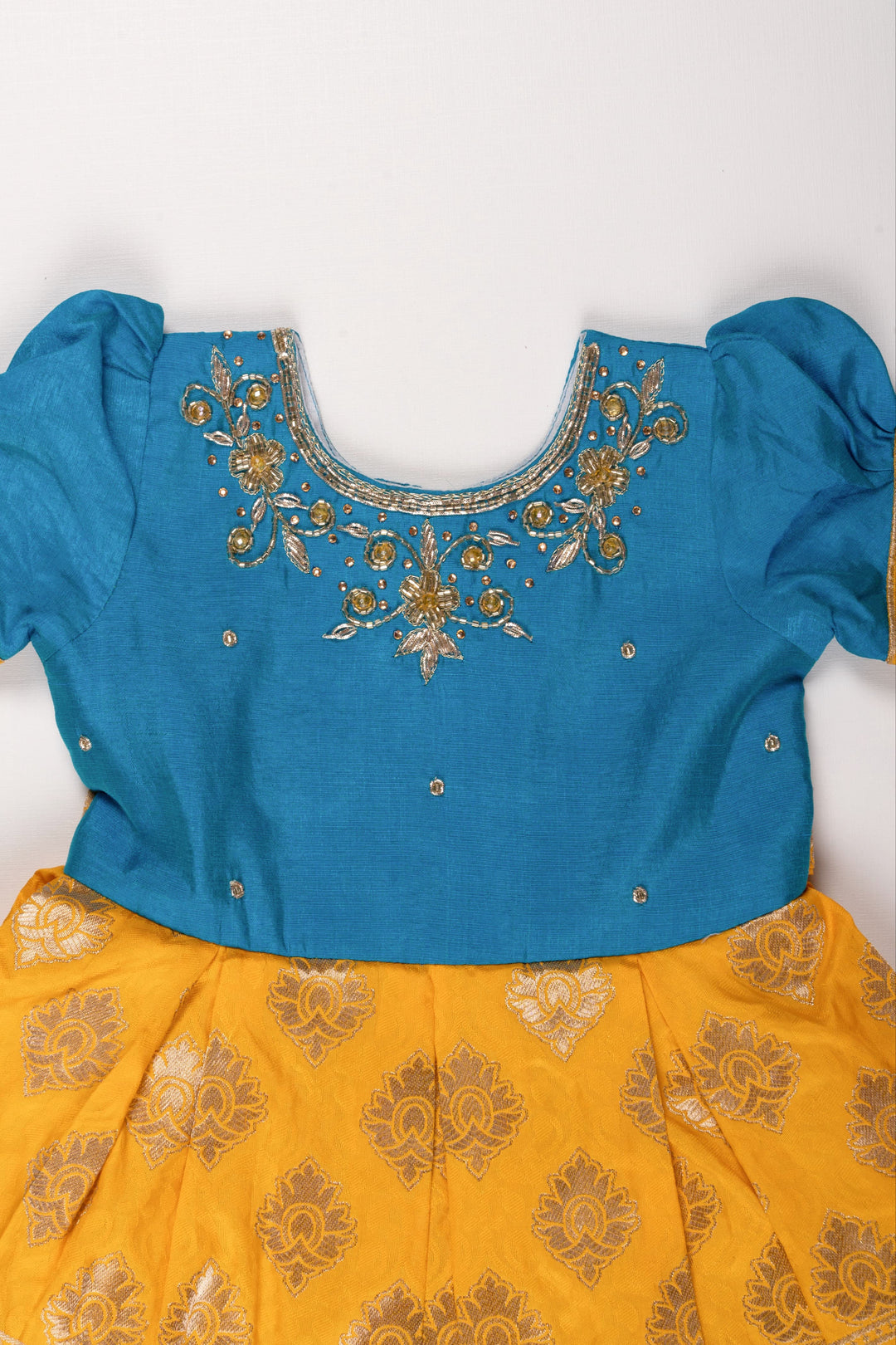 The Nesavu Silk Party Frock Royal Blue and Golden Yellow Zari Embroidered Silk Frock - Festive Elegance for Girls Nesavu Girls' Royal Blue & Golden Yellow Silk Frock | Zari Embroidered Festive Wear | The Nesavu