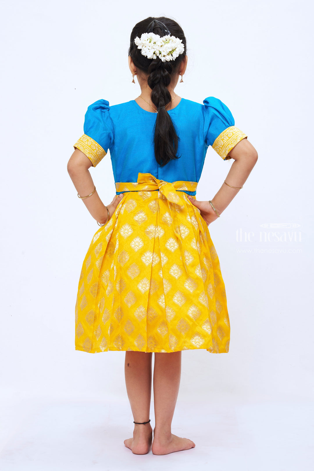 The Nesavu Silk Party Frock Royal Blue and Golden Yellow Zari Embroidered Silk Frock - Festive Elegance for Girls Nesavu Girls' Royal Blue & Golden Yellow Silk Frock | Zari Embroidered Festive Wear | The Nesavu