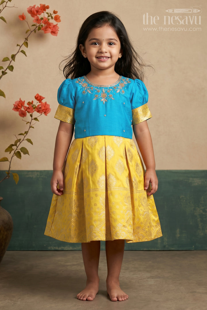 The Nesavu Silk Party Frock Royal Blue and Golden Yellow Zari Embroidered Silk Frockfestive Elegance for Girls Nesavu 16 (1Y) / Yellow / Silk SF741A-16 Girls Royal Blue & Golden Yellow Silk Frock | The Nesavu