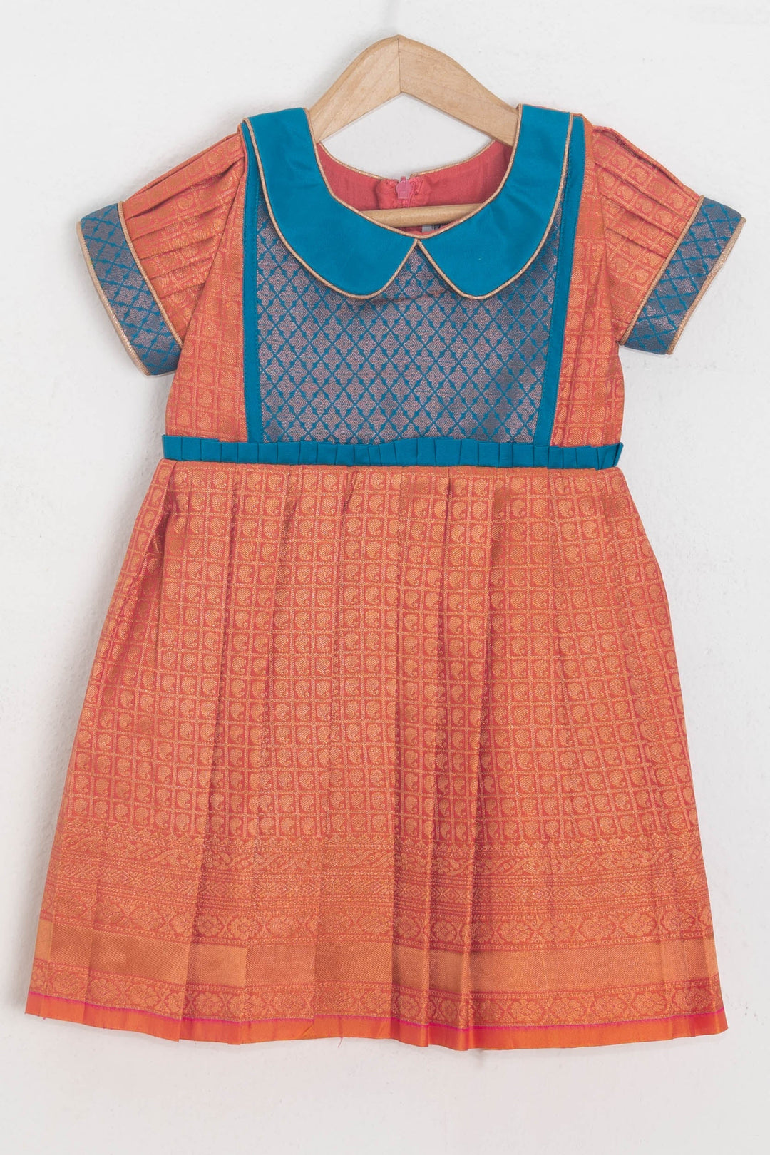 The Nesavu Girls Kanchi Silk Frock Royal Blue Floral Designer Yoke And Orange Semi Kanchipuram Silk Frock For Girls Nesavu 14 (6M) / Orange / Kanchi Silk SF527B