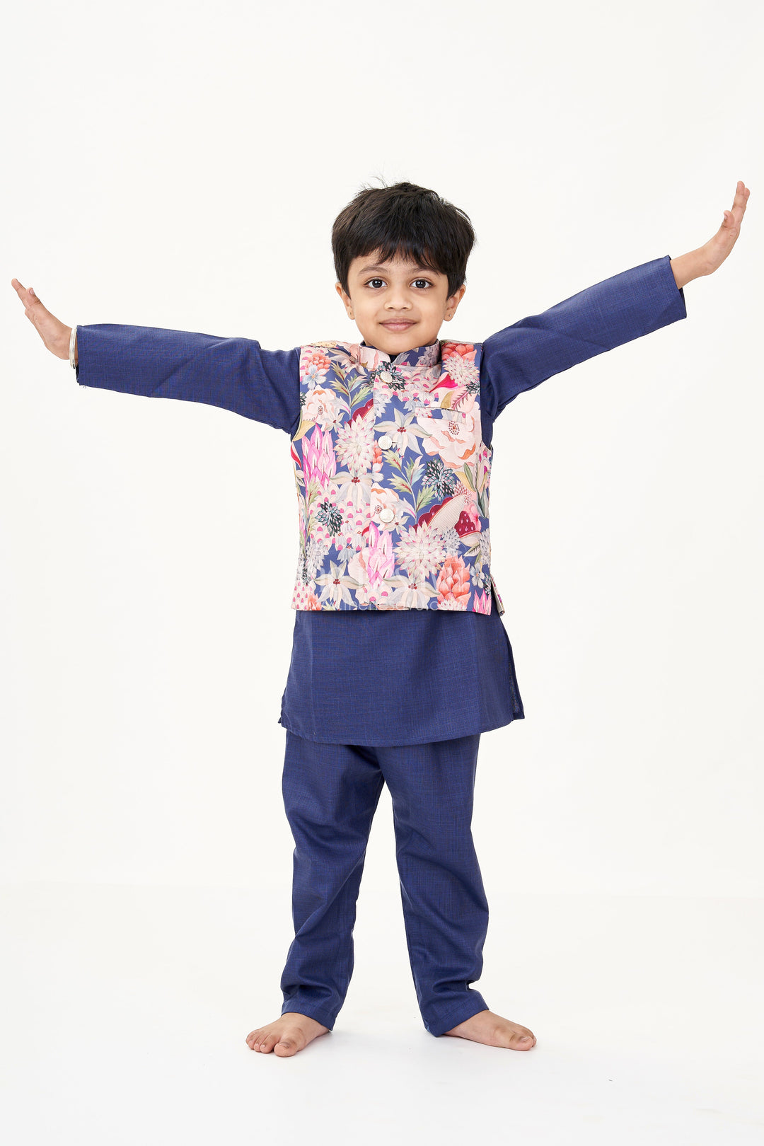 The Nesavu Boys Kurtha Set Royal Blue Kurta Set for Boys with Colorful Digital Print Jacket in Cotton Blend Nesavu 16 (1Y) / Blue BES688B-16 Nesavu Royal Blue Kurta Set Boys Digital Print Jacket Cotton Blend