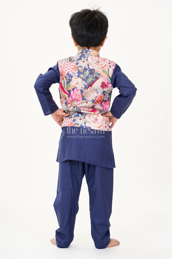 The Nesavu Boys Kurtha Set Royal Blue Kurta Set for Boys with Colorful Digital Print Jacket in Cotton Blend Nesavu Nesavu Royal Blue Kurta Set Boys Digital Print Jacket Cotton Blend
