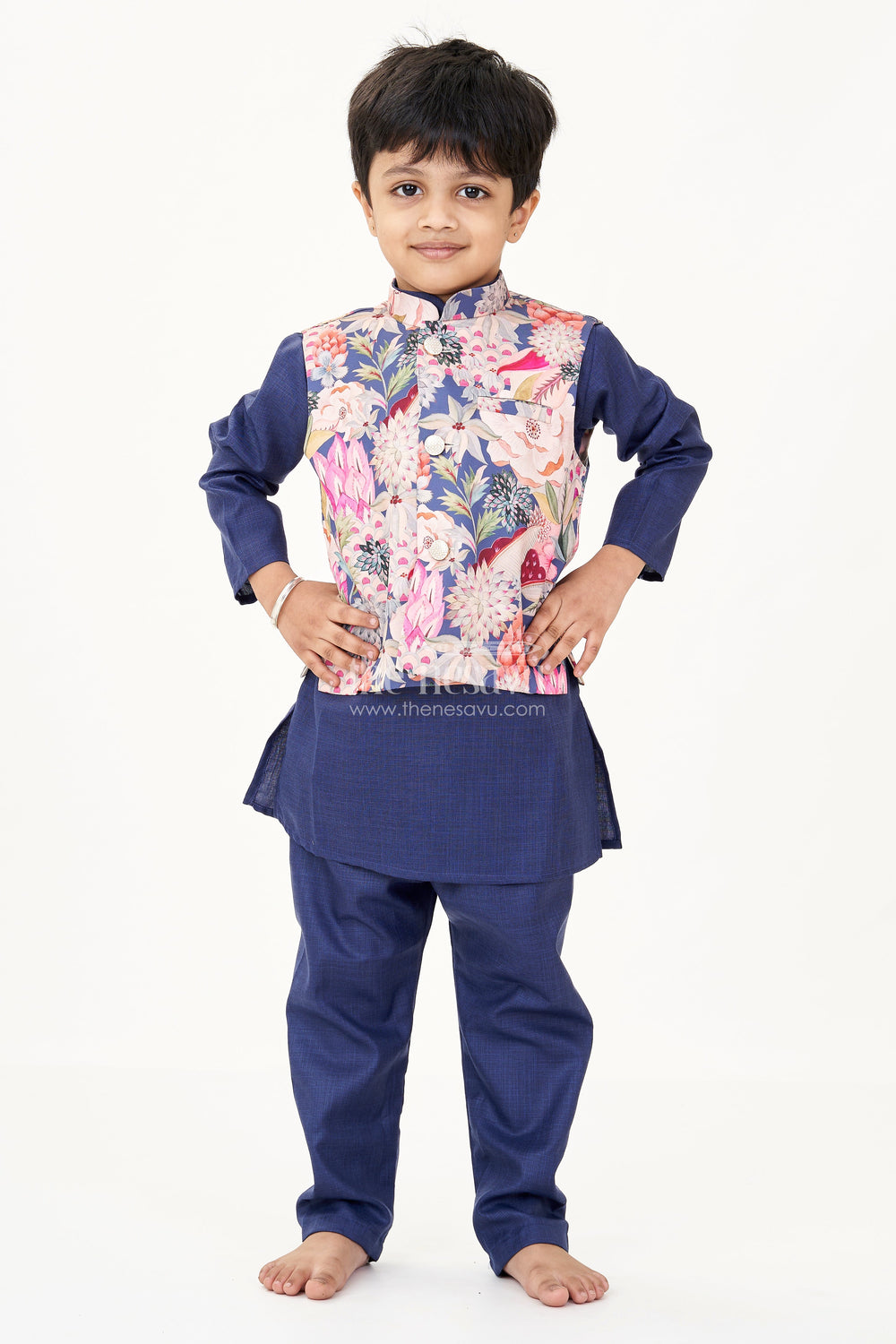 The Nesavu Boys Kurtha Set Royal Blue Kurta Set for Boys with Colorful Digital Print Jacket in Cotton Blend Nesavu Nesavu Royal Blue Kurta Set Boys Digital Print Jacket Cotton Blend