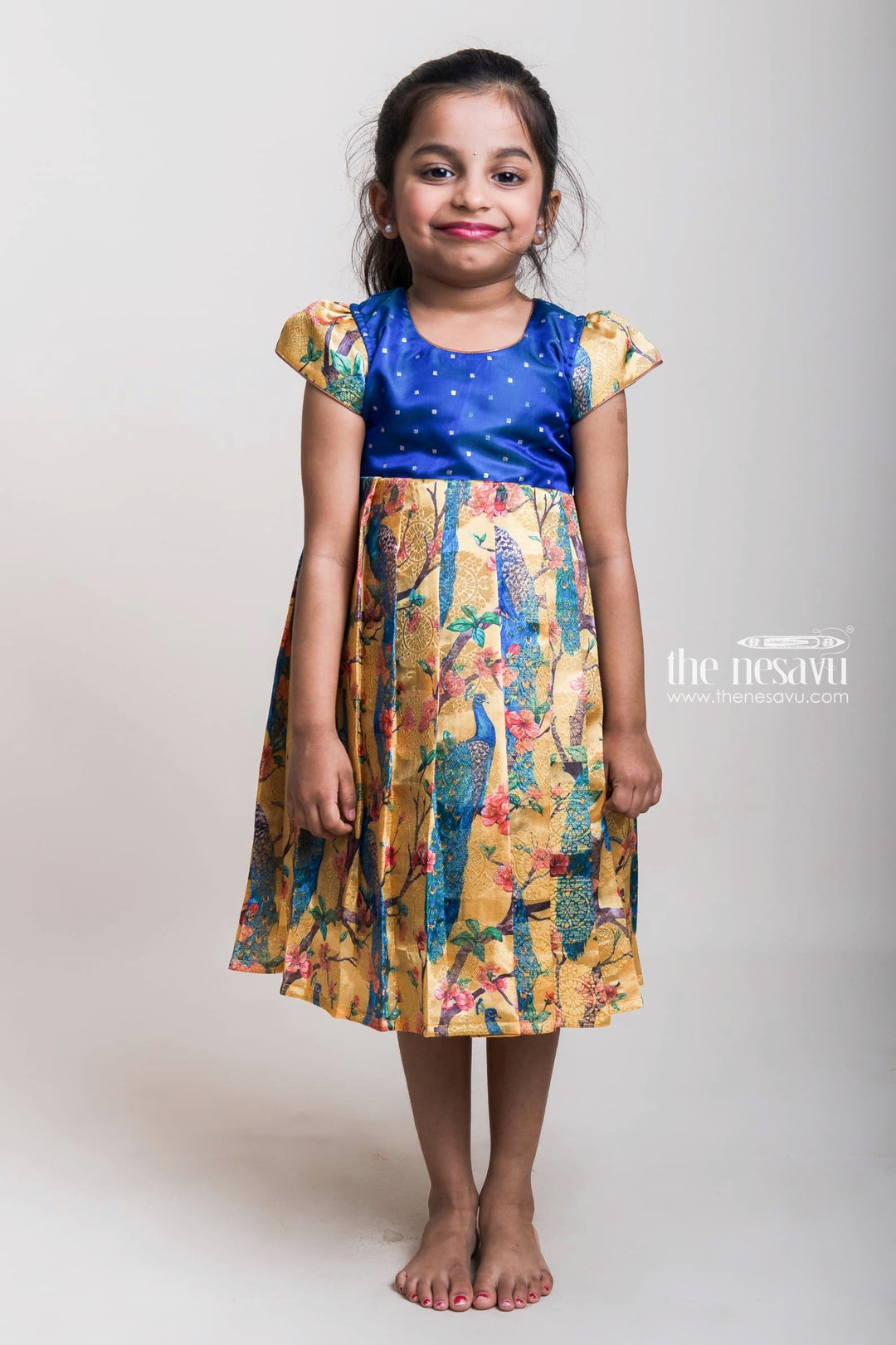 The Nesavu Silk Frock Royal Blue Peacock Printed Banarasi Silk Cotton Frock For Baby Girls Nesavu 10 (NB) / Yellow SF421A-10