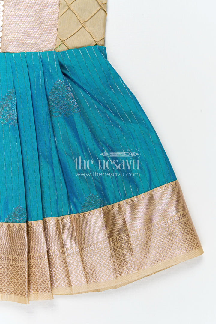 The Nesavu Girls Kanchi Silk Frock Royal Blue Silk Short Dress for Girls in Semi Kanchivaram Fabric with Lace Embellished Yoke and Pleated Skirt Nesavu Nesavu Royal Blue Silk Short Dress Girls Semi Kanchivaram Fabric Embellished Lace Yoke