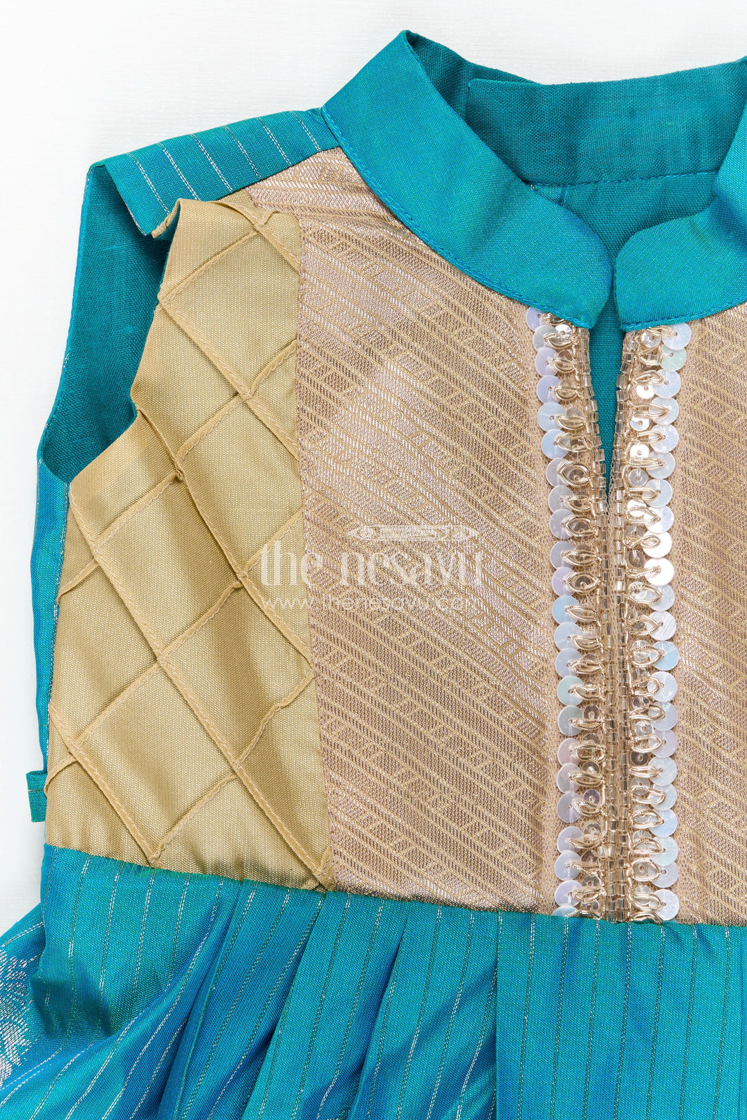 The Nesavu Girls Kanchi Silk Frock Royal Blue Silk Short Dress for Girls in Semi Kanchivaram Fabric with Lace Embellished Yoke and Pleated Skirt Nesavu Nesavu Royal Blue Silk Short Dress Girls Semi Kanchivaram Fabric Embellished Lace Yoke