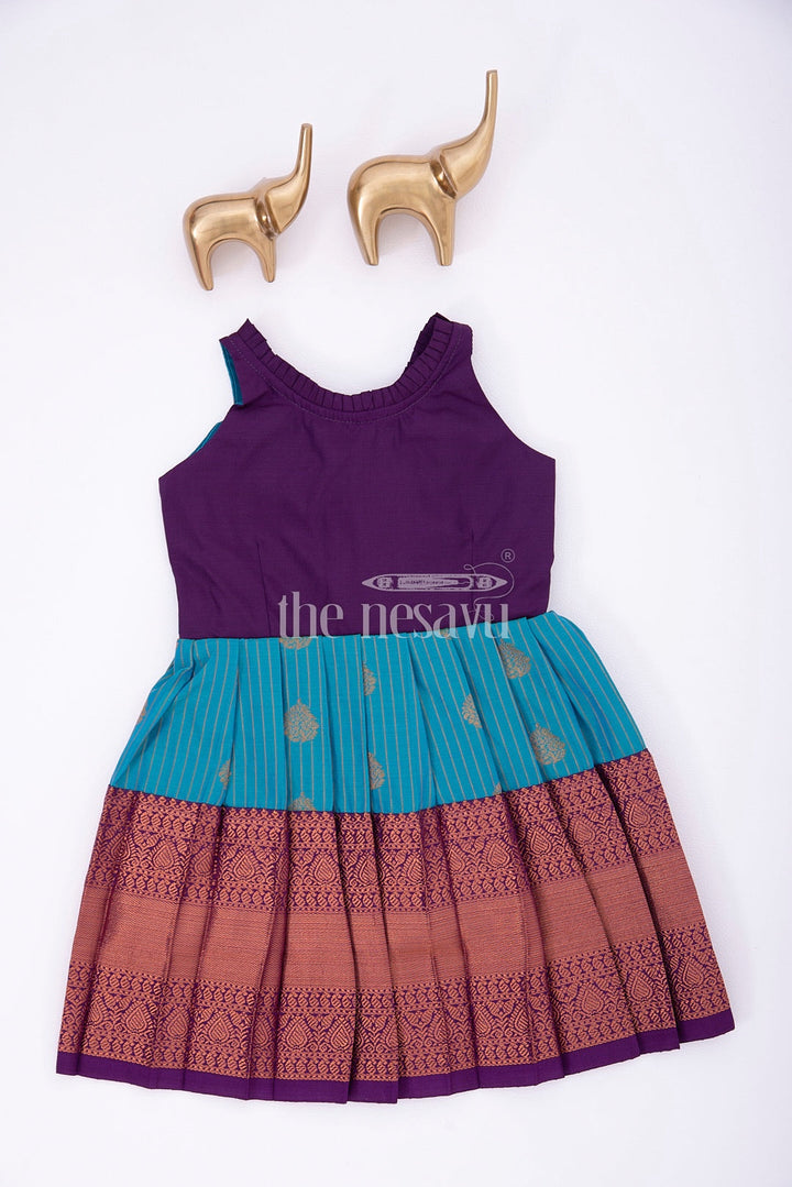 The Nesavu Girls Kanchi Silk Frock Royal Festive Attire for Little Ones: Purple and Green Kanji Border Silk Frock Nesavu 14 (6M) / multicolor / Style 3 SF913C-14