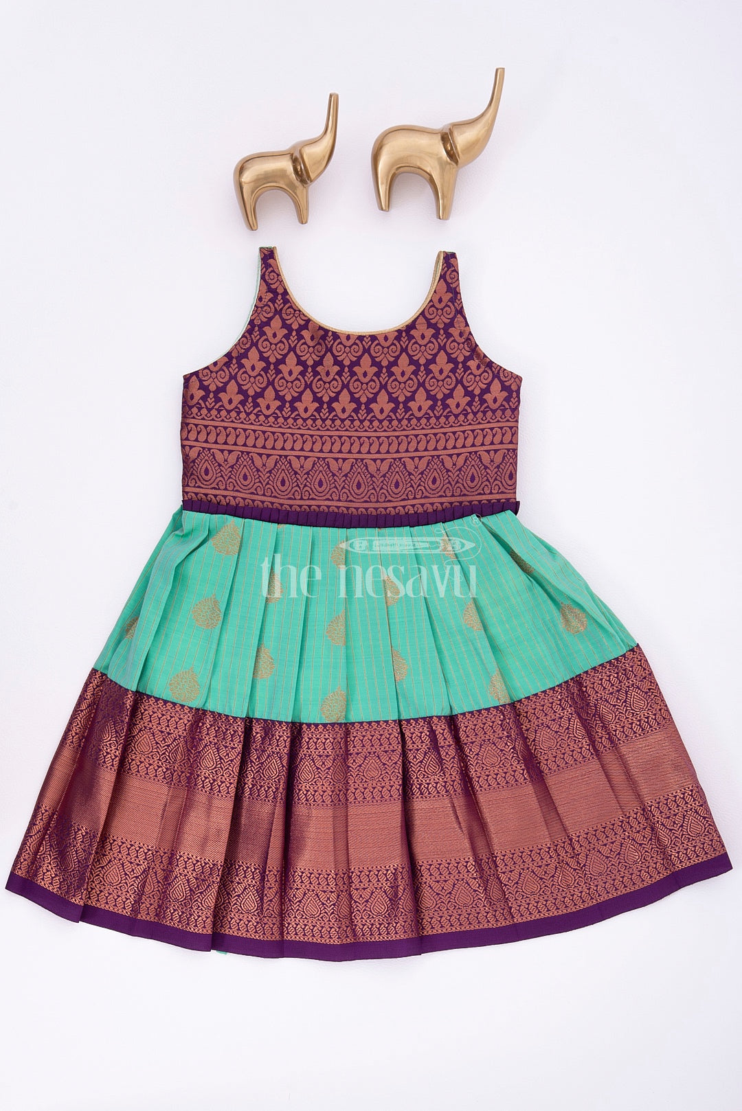 The Nesavu Girls Kanchi Silk Frock Royal Festive Attire for Little Ones: Purple and Green Kanji Border Silk Frock Nesavu 18 (2Y) / multicolor / Style 2 SF913B-18