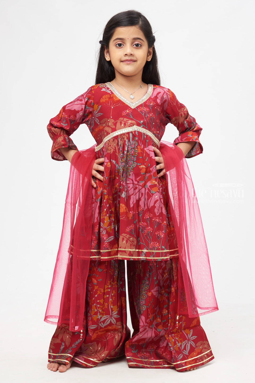 The Nesavu Girls Sharara / Plazo Set Royal Garnet Kurti Suit with Gharara Pants - Enthralling Floral Elegance for Girls Nesavu 16 (1Y) / Red / Modal Chanderi GPS217B-16 Girls Garnet Anarkali Suit with Gharara Pants | Intricate Floral Patterns | Luxurious Ethnic Wear for Special Celebrations
