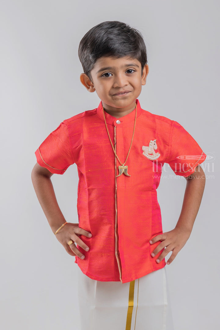 The Nesavu Boys Silk Shirt Royal Peach Traditional Boys Pattu Shirt With Unicorn Embroidery psr silks Nesavu 14 (6M) / Red BS025B