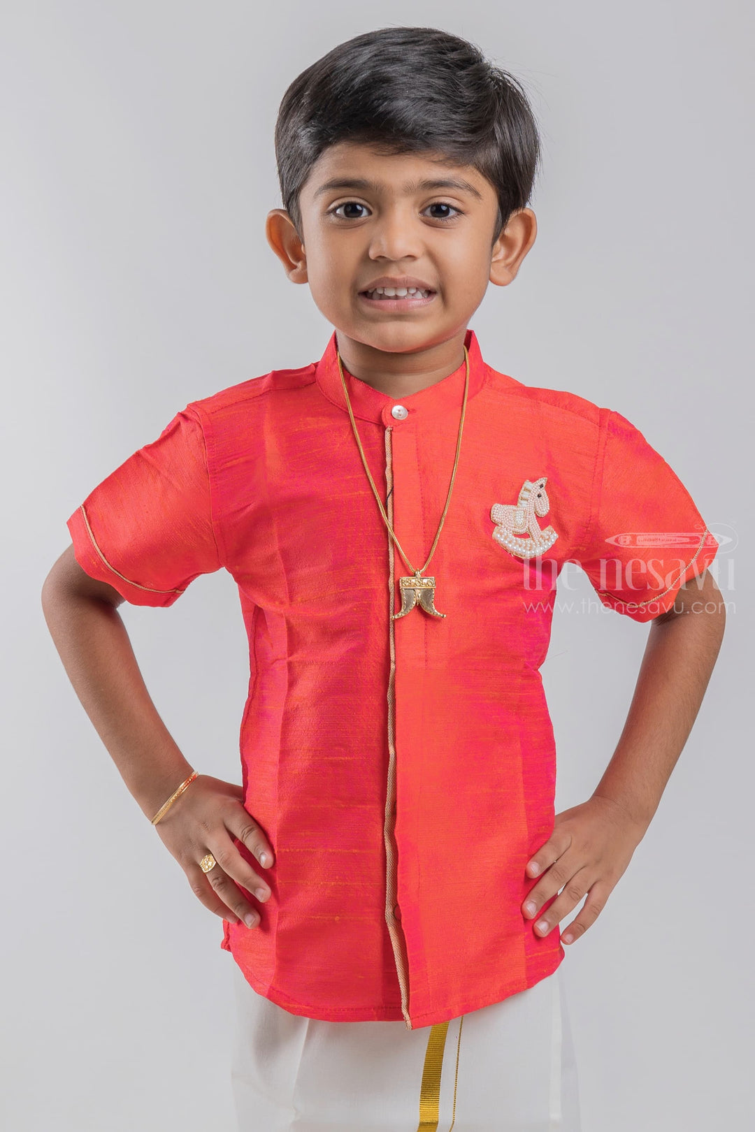 The Nesavu Boys Silk Shirt Royal Peach Traditional Boys Pattu Shirt With Unicorn Embroidery psr silks Nesavu