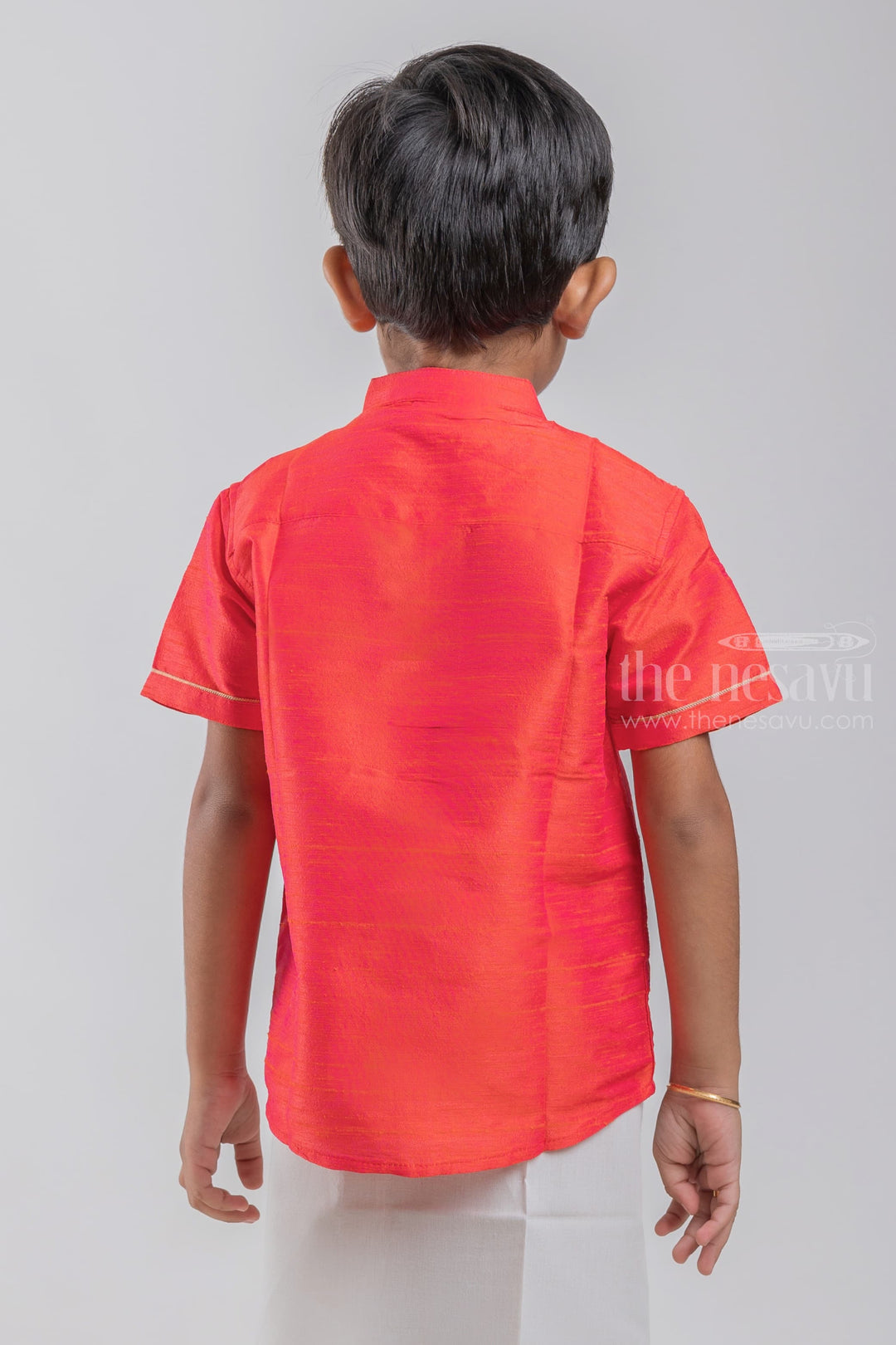 The Nesavu Boys Silk Shirt Royal Peach Traditional Boys Pattu Shirt With Unicorn Embroidery psr silks Nesavu