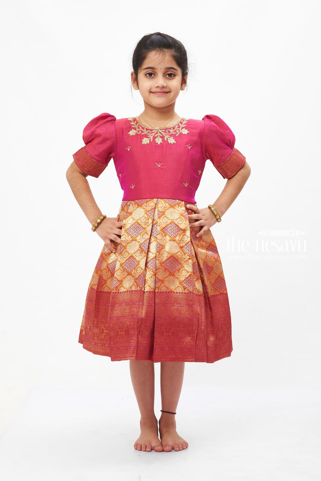 The Nesavu Silk Party Frock Royal Pink Pattu Frock with Golden Embroidery for Girls Nesavu 16 (1Y) / Pink SF736A-16 Traditional Pattu Frock for Girls | Golden Embroidery Silk Frock | The Nesavu