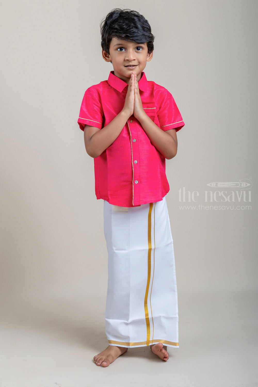 The Nesavu Boys Shirts Royal Pink Traditional Boys Pattu Shirt With Pocket psr silks Nesavu 14 (6M) / Pink BS026A
